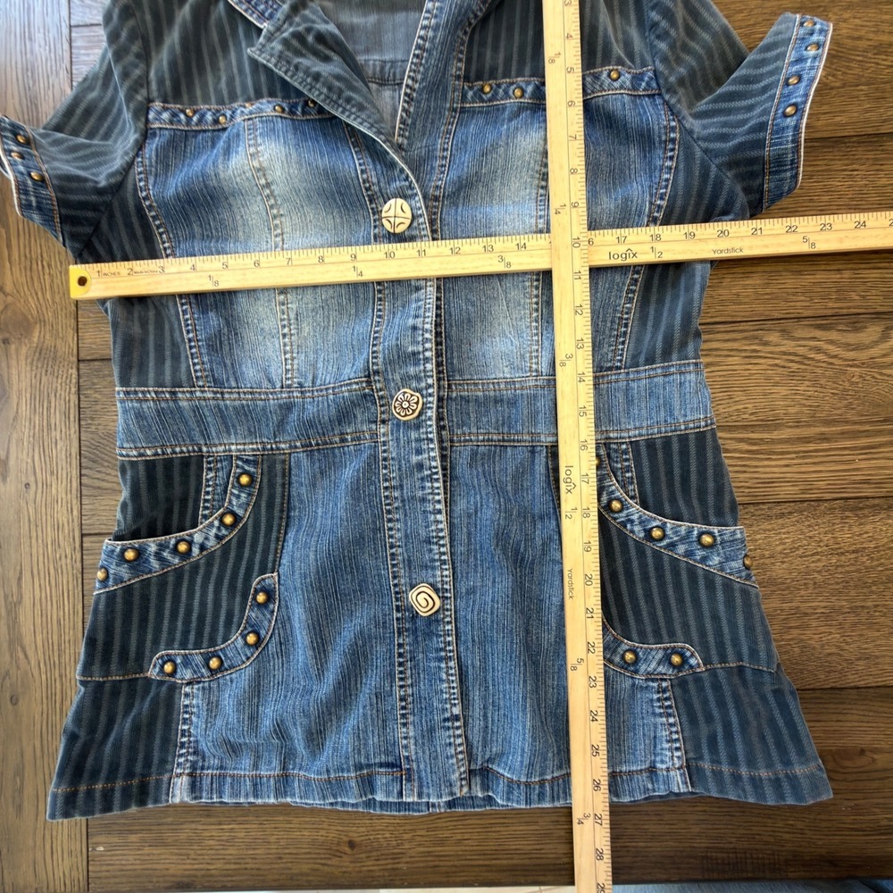 Shufa Blue Denim Striped Corduroy Studded Hooded Short Sleeve Jacket Size 42 - Picture 15 of 16